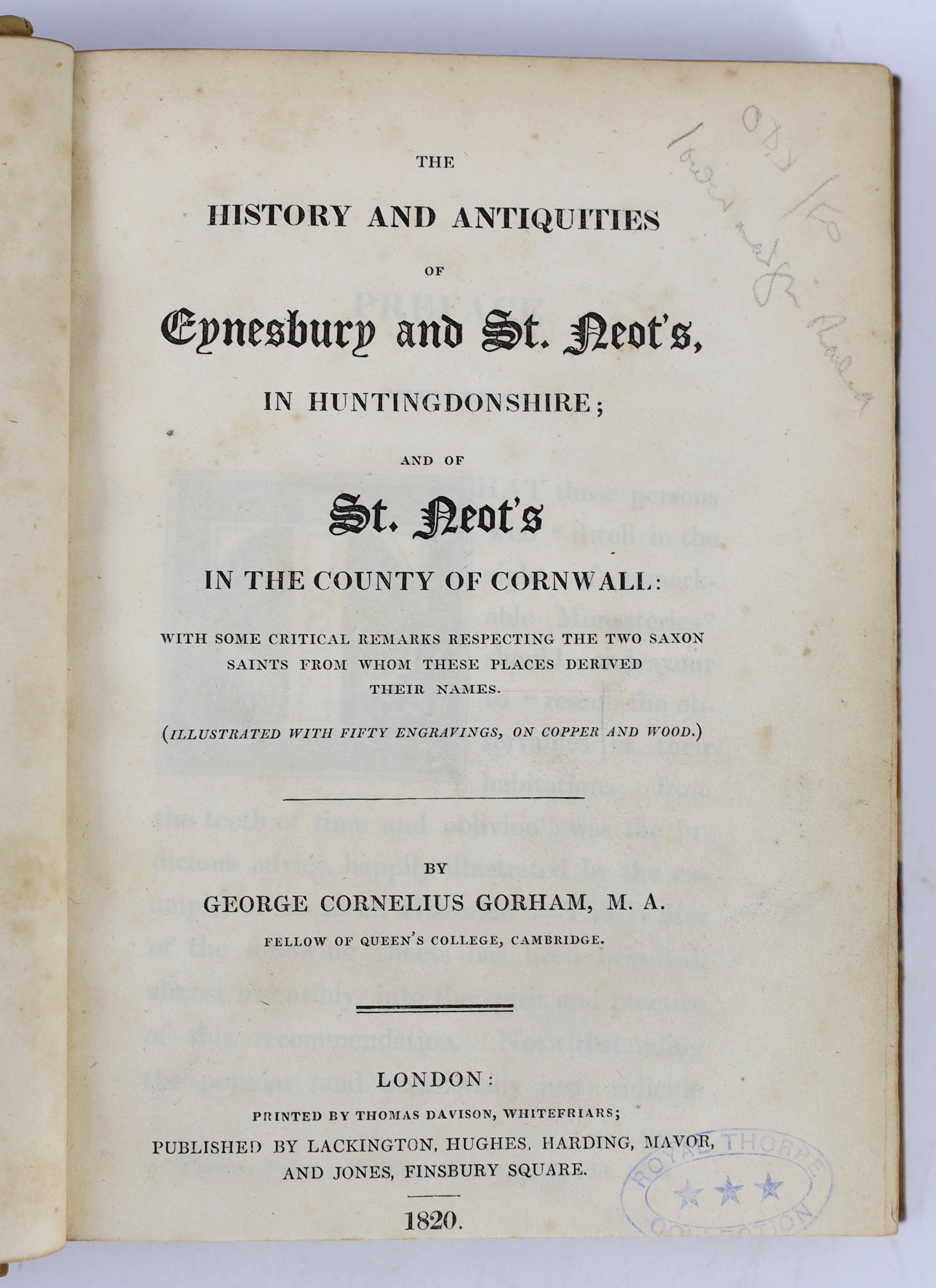CAMBS: Gorham, George Cornelius - The History and Antiquities of Eynesbury and St. Neots in Huntingdonshire; and of St. Neots in the County of Cornwall ... num. plates and text engravings; rebound gilt half calf and marb